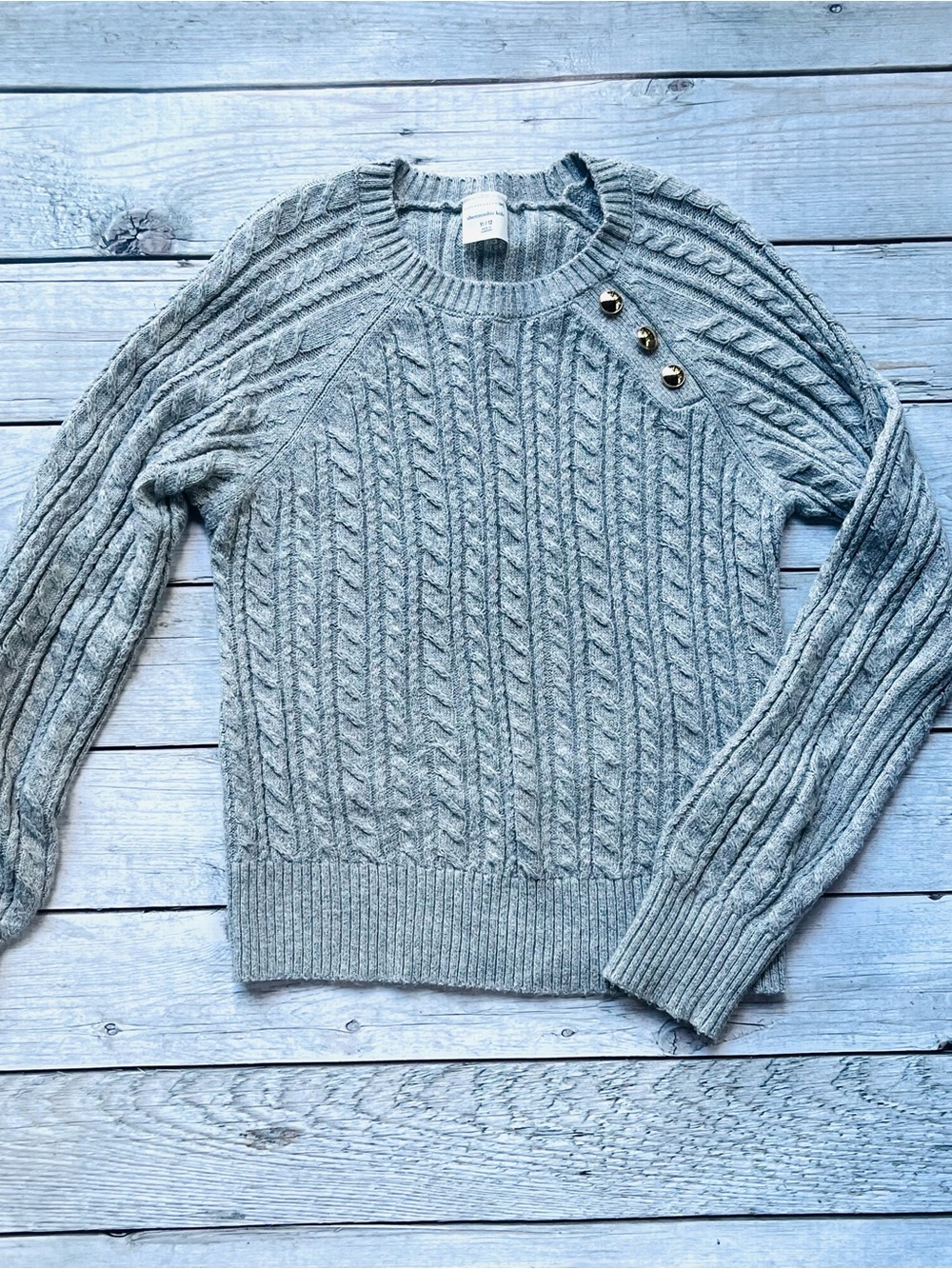 abercrombie kids Light Gray Cable Knit Crewneck Sweater with Shoulder Buttons